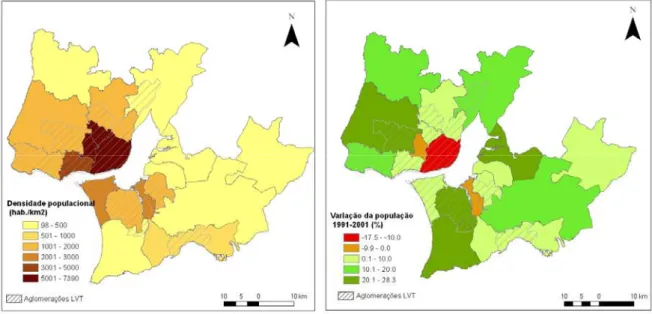 Figura 2.2: Densidade populacional por concelho em 2001 e variação da população entre 1991 e 2001  (Fonte: CCDR-LVT e DCEA – FCT/UNL (2005)) 