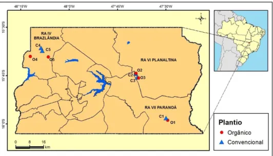Figura  1.1  – Mapa  do  Distrito  Federal  com  a  localização  das  propriedades  com  plantios  de  abóbora  (Cucurbita  pepo  L.)  onde  foi  conduzido  o  estudo