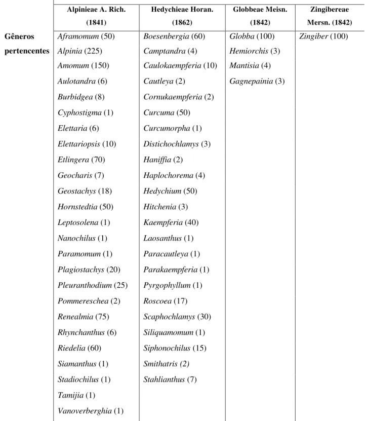 TABELA 2: Localização dos gêneros pertencentes às plantas da família Zingiberaceae  em relação às tribos (número de espécies pertencentes a cada gênero) 