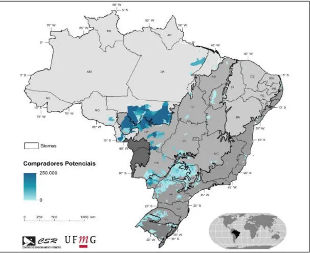 Figura 3. Regiões com maiores concentrações (ha) de prováveis compradores de CRA  Fonte: Rajão &amp; Soares-Filho, 2015