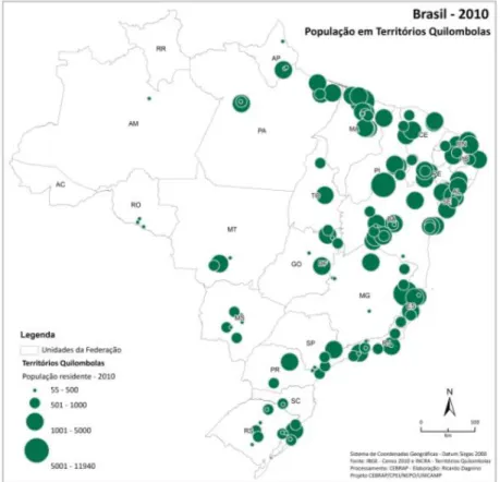 Figura 6. Mapa de Distribuição da População Quilombola  Fonte: LOMBARDI &amp; DAGNINO, 2010