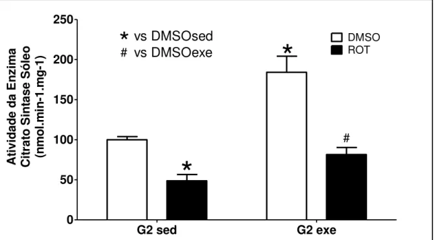 FIGURA  13  –  Atividade  da  enzima  citrato-sintase  no  músculo  sóleo  de  ratos  idosos  submetidos a exposição  à  rotenona (ROT) ou  seu  solvente  (DMSO), e  ao  protocolo  de  exercício  físico  forçado,  de  intensidade  moderada,  iniciado  ante