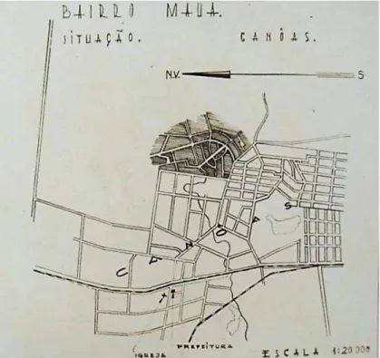 Figura 12 – Planta de situação da Vila Mauá dentro da cidade de Canoas  A área da Vila corresponde à zona em negrito