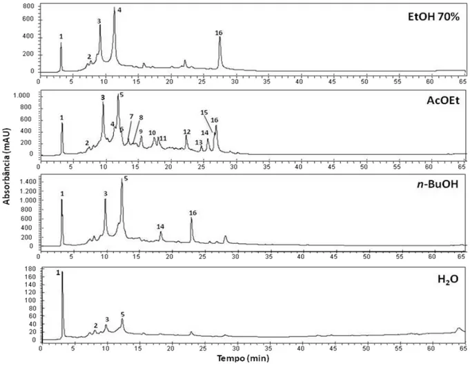 Figura  10.  Cromatograma  analítico  obtido  por  HPLC-PAD  do  extrato  bruto  (EtOH  70%)  e  das  frações  (AcOEt,  n-BuOH  e  H 2 O)  das  cascas  do  fruto  de  P