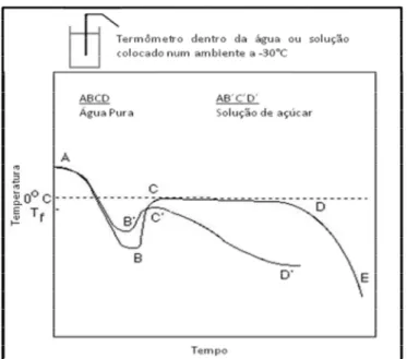 Figura 1.1 – Relação de tempo-temperatura para congelamento de água pura e solução de açúcar (adaptado Franks, 1982).