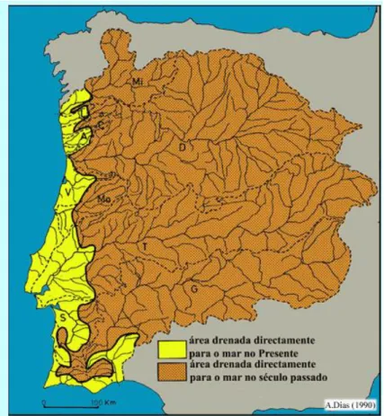 Figura 2.25– Áreas hidrográficas drenantes para o litoral português afetadas e não afetadas por  barragens (Fonte: Dias, 2005)