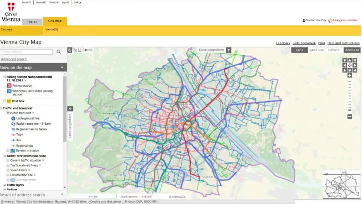 Figura 2.2 – Website de mapa interativo da rede de transportes na cidade de Viena. Fonte: (Stadt Wien,  sem data) 