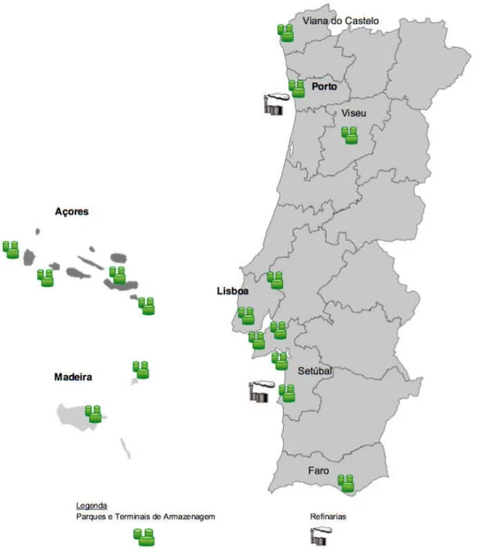 Figura 2.13: Distribuição dos principais parques e terminais de armazenagem e refinarias, em Portugal (APETRO e URS 2012).