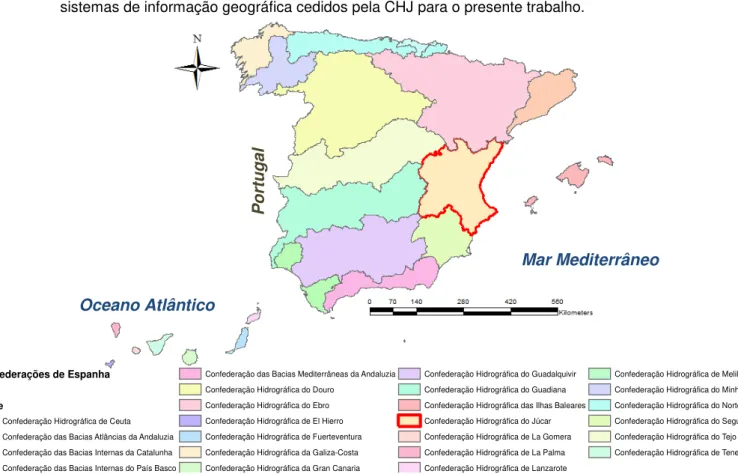 Figura 2.1 - Confederações Hidrográficas de Espanha. Em destaque, a CHJ.