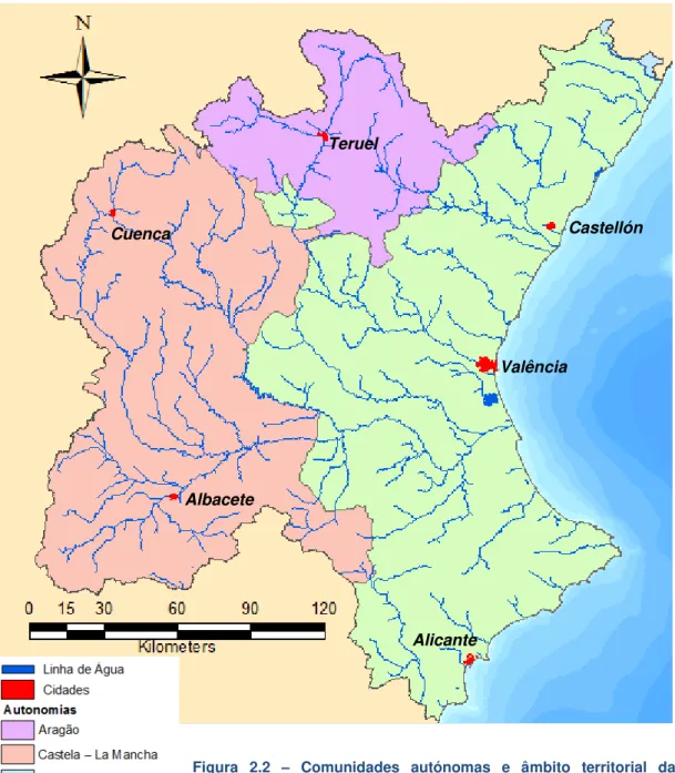 Figura  2.2  –   Comunidades  autónomas  e  âmbito  territorial  da  Confederação Hidrográfica do Júcar (CHJ), com indicação dos rios  e povoações mais importantes