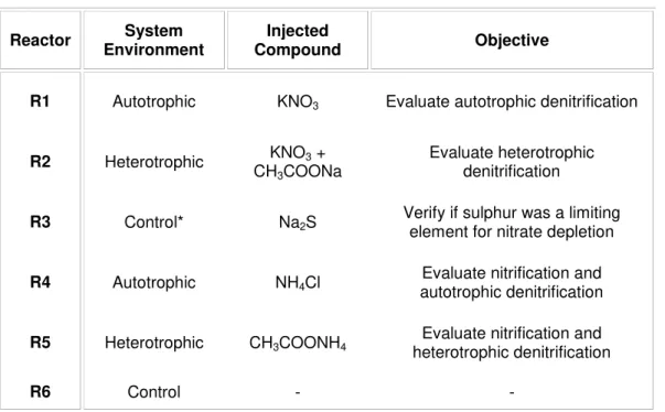 Table 3.1 Summary of the injections objectives, compounds and respective reactors. Reactor 3 initially  was a control reactor until the addition of Na 2 S