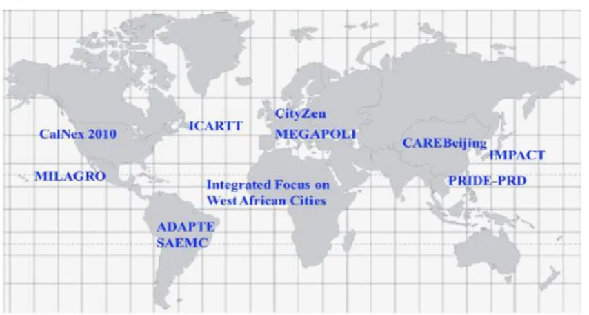 Figura 9 - Localização das colaborações internacionais de atividades de pesquisa: CalNex  2010, Milagro, ICARTT, ADAPTE SAEMC, CityZen, Megapoli, CAREBeijig, IMPACT, 