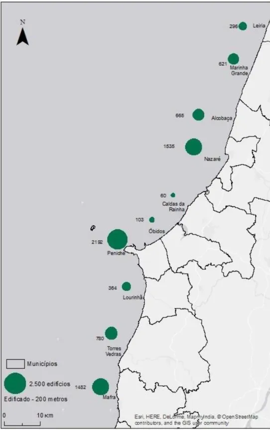 Figura 4.3 – Quantidade de edifícios na faixa dos 200 metros entre Leiria e Mafra 