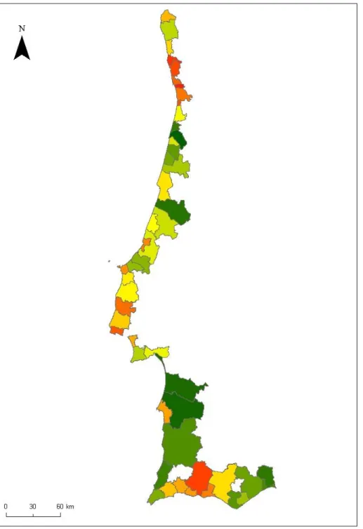 Figura 4.9 -  Resultado do índice do tema “ Controlar o desenvolvimento na costa ” apresentado geográficamente.