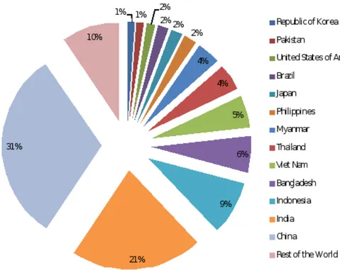 Figure 2.3 - Rice production (%) worldwide from 1992 to 2010 (adapted from FAOSTAT, 2010)