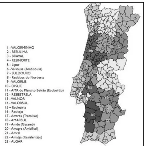 Figura 2.1. Distribuição geográfica das entidades gestoras de gestão de resíduos urbanos indiferenciados em  alta (APA, 2011) 