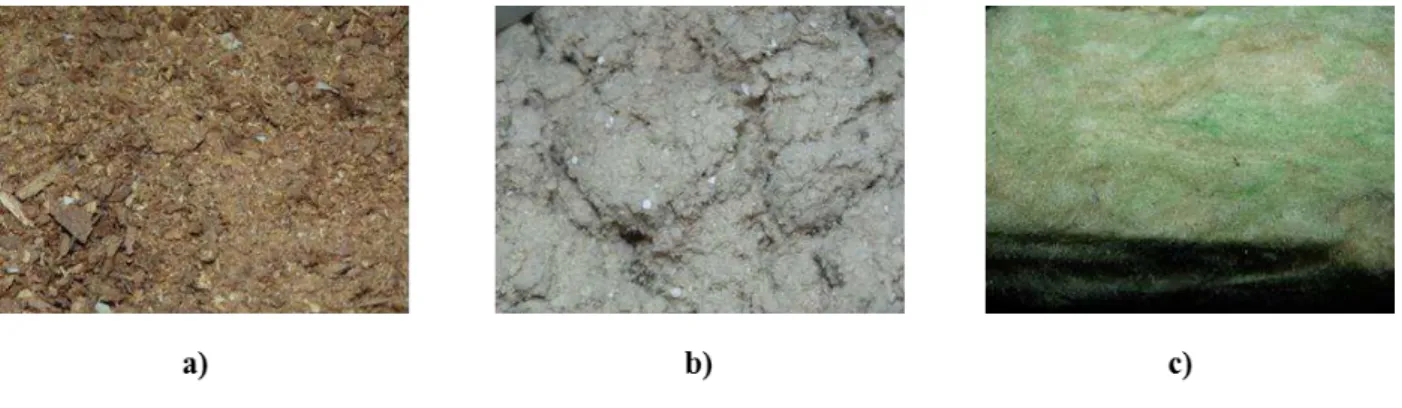 Figura 18. Materiais de composição do painel termo acústico: a) serragem de madeira; b) forro de  fibra mineral; c) lã de rocha