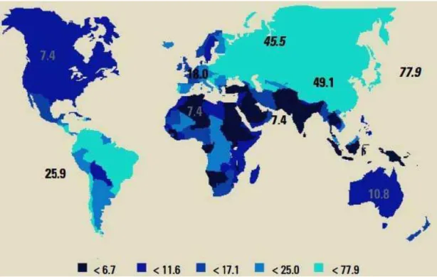 Figura 2: Incidência média regional mundial anual de AG em homens por  100.000 habitantes