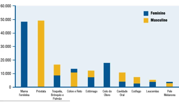 Figura 3: Tipos de câncer mais incidentes, estimados para o ano de 2008, na  população brasileira, sem pele não melanoma 