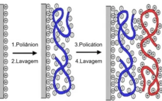 Figura 11.  Representação esquemática da técnica de automontagem para deposições de  polieletrólitos, via interação elétrostatica