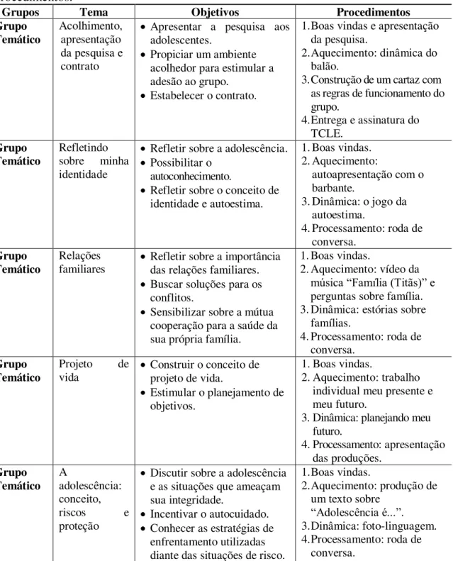 Tabela  2.  Planejamento  dos  grupos  temáticos  de  acordo  com  tema,  objetivos  e  procedimentos