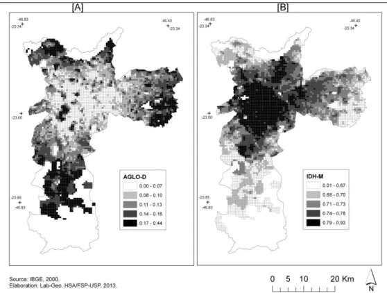 Figura 4: [A] Proporção de domicílios com 6 ou mais moradores (AGLO-D) [B] Índice  de  Desenvolvimento  Humano  (IDH-M),  por  unidade  de  grade  no  município  de  São  Paulo