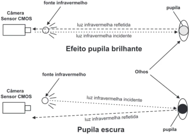 Figura 4.4: Posicionamento da fonte IVP e da câmera para produzir efeitos pupila brilhante e escura [3] [4][5].