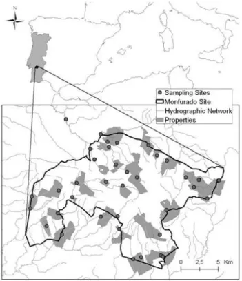 Figure  2.1  –  Streams, sampling points and  private properties including the sampling  points in the Natura 2000 Site of Monfurado,  located in Alentejo, Portugal