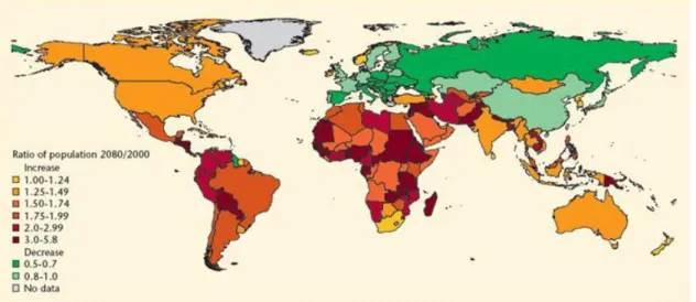 Figure 2 - Expected world's population growth and decline, between 2000 and 2080 (Source: Lutz,  Sanderson and Scherbov, 2008 in World Water Assessment Programme, 2009)