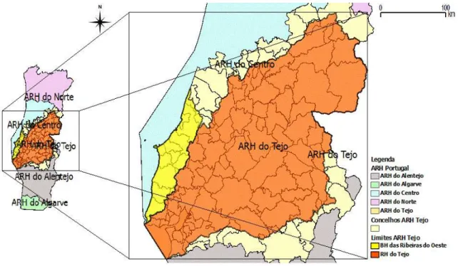 Figura 4.1 - Regiões Hidrográficas e representação dos concelhos na RH do Tejo e na BH das  ribeiras do Oeste (Adaptado de: ARH-Tejo, 2010) 