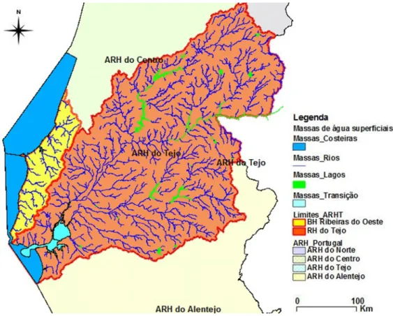 Figura 4.4 - Massas de água superficiais da RH Tejo e BH das ribeiras do Oeste (Adaptado de: 