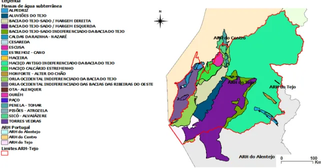 Figura 4.5 - Distribuição das massas de água subterrâneas na RH Tejo e BH das ribeiras do  Oeste (Adaptado de: INAG, 2005) 