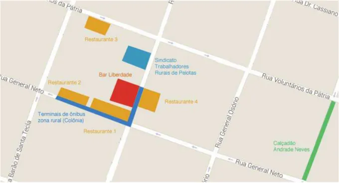 Figura 6 -  Mapa urbano atual das redondezas do Bar Liberdade indicando os terminais de ônibus e  outros restaurantes no perímetro da quadra