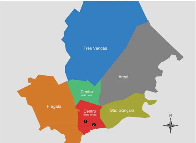 Figura 3 - Mapa simplificado da zona urbana de Pelotas dividido por regiões administrativas e localização dos  estabelecimentos estudados dentro do espaço urbano 