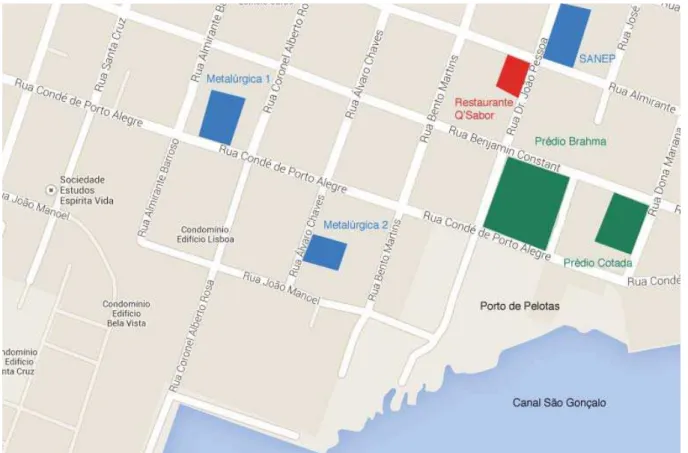 Figura 4 - Mapa urbano atual das redondezas do Restaurante Q’Sabor indicando os locais de trabalho  mais recorrentes dos frequentadores 