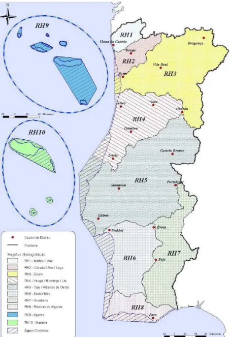 Figura 2.1 – Regiões hidrográficas de Portugal (adaptado de INAG, 2005) 