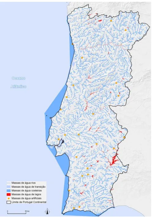 Figura 2.2 – Massas de água delimitadas em Portugal Continental 