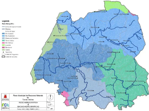 Figura 3.10 - Rede Hidrográfica e Bacias Hidrográficas no concelho de Torres  Vedras  (Fonte:  AMO  (1999),  PBHRO  (2001),  retirado  do  Plano  Municipal  de  Recursos Naturais (2007))