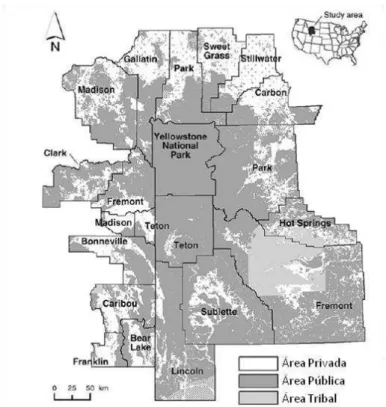 Figura 2.2 - Área de estudo do Parque de Yellowstone com os tipos de proprietários de Gude  et al