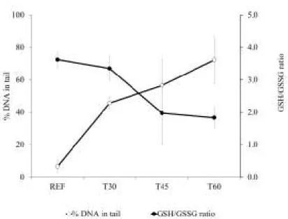 Fig.  2.5.  Average  percentage  of  DNA  in  tail  and  average  reduced/oxidized  glutathione  ratio  (GSH/GSSG)  analysed  in  the  gills  of  mussels  sampled  before  (REF)  and  after  30  (T 30 ),  45  (T 45 )  and  60  (T 60 )  days  of  the  begin