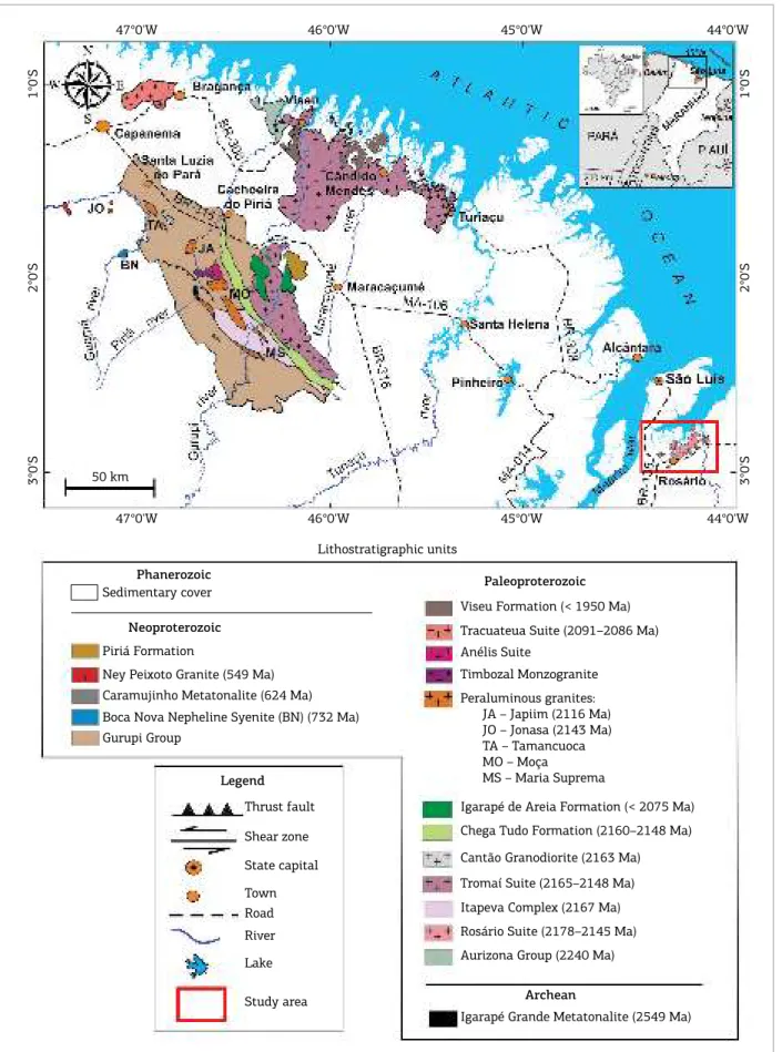 Figure 1. Simplified geological map of São Luis Craton and Gurupi Belt with the location of the study area in the  northern state of Maranhão, northern Brazil