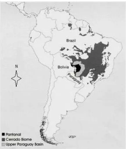 Figure 1.  The Upper Paraguay River Basin showing (in dark black) in western Brazil the flatland which is the Pantanal, mainly in Brazil, but touching  Bolivia to west and Paraguay to south, with influence of the  Cerrado  biome of central Brazilian territ