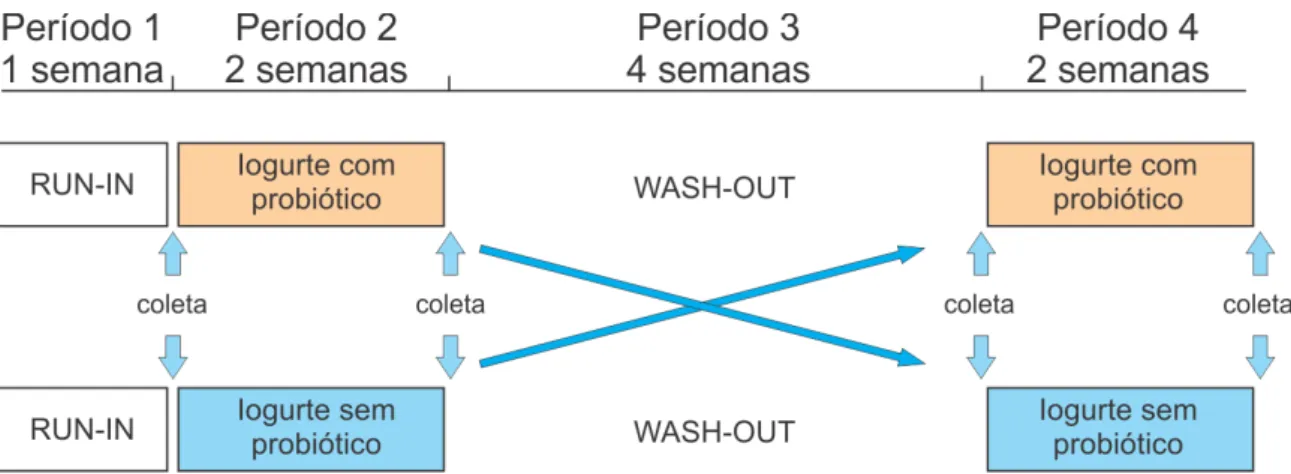Figura 1  – Esquema do estudo cruzado com períodos run-in e wash-out . 
