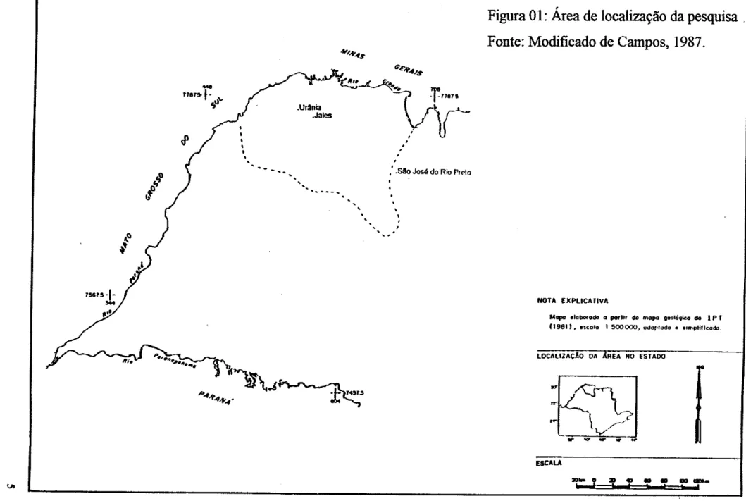 Figura  0l:  Áaea de  localização  da pesquisa Fonte:  Modificado  de  Campos,  1987.