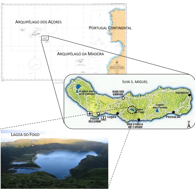Figura 6.1 – Enquadramento geográfico da Lagoa do Fogo  Fonte: Marinha, Instituto Hidrográfico, 2002 e Google imagens, 2011  