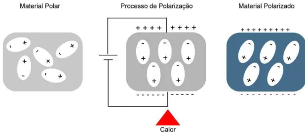 Figura 1.8: Processo de polariza¸c˜ ao que consiste em aquecer o material durante a aplica¸c˜ao de um campo el´etrico.