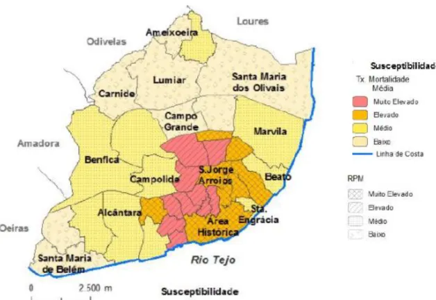 Figura 9 Mapa de suscetibilidade da população de Lisboa em 2011  Fonte: (Morais, 2011) 
