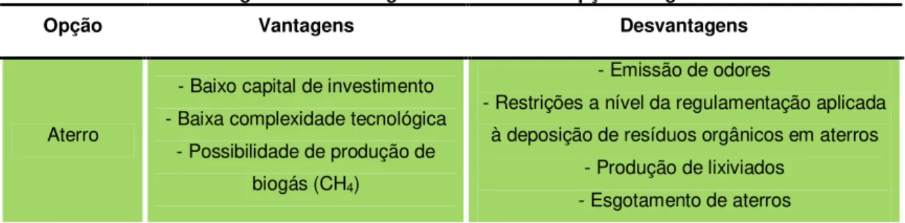 Tabela 4 – Vantagens e desvantagens das diversões opções de gestão de lamas 