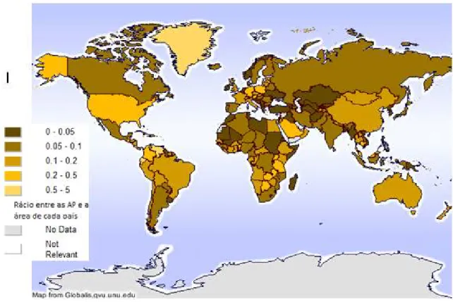 Figura 2.11 - Rácio entre as AP e a área existente para cada país para os quais existem dados              (Fonte: Globalis 15 )  