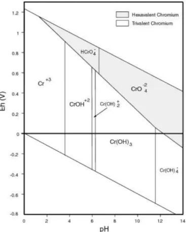 Figure 2.1:  Pourbaix’s Eh-pH diagram for Cr species dominating in diluted aqueous solutions in the absence of  any complexing agents other than H 2 O or OH, T=25 °C (USEPA, 2000) 